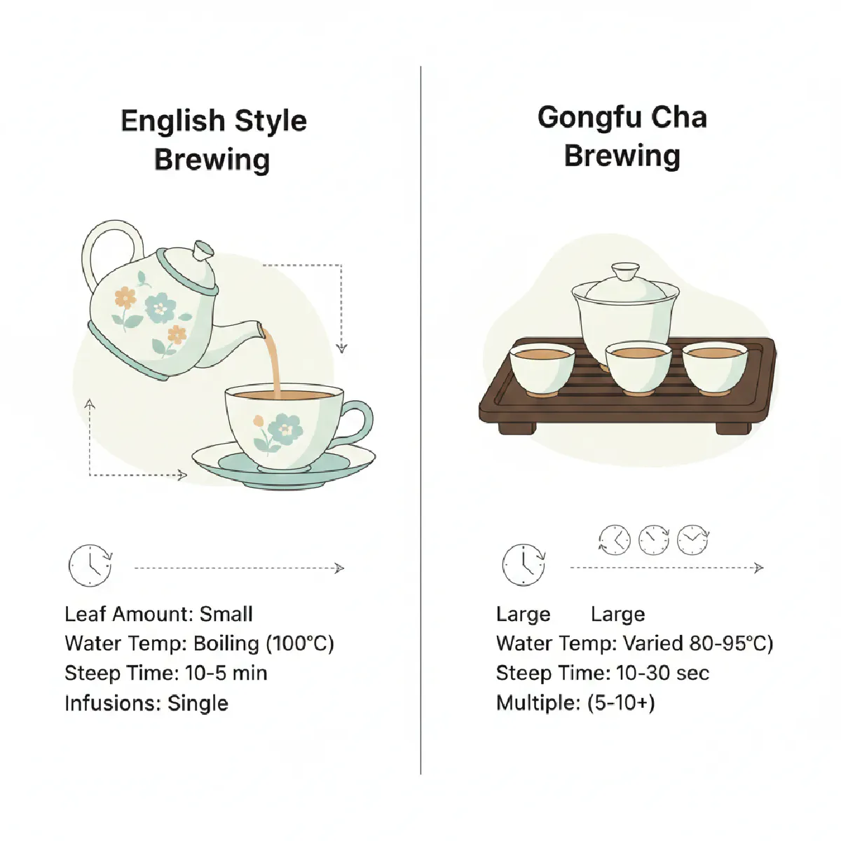 Comparison diagram showing English-style brewing vs. Gongfu cha brewing methods