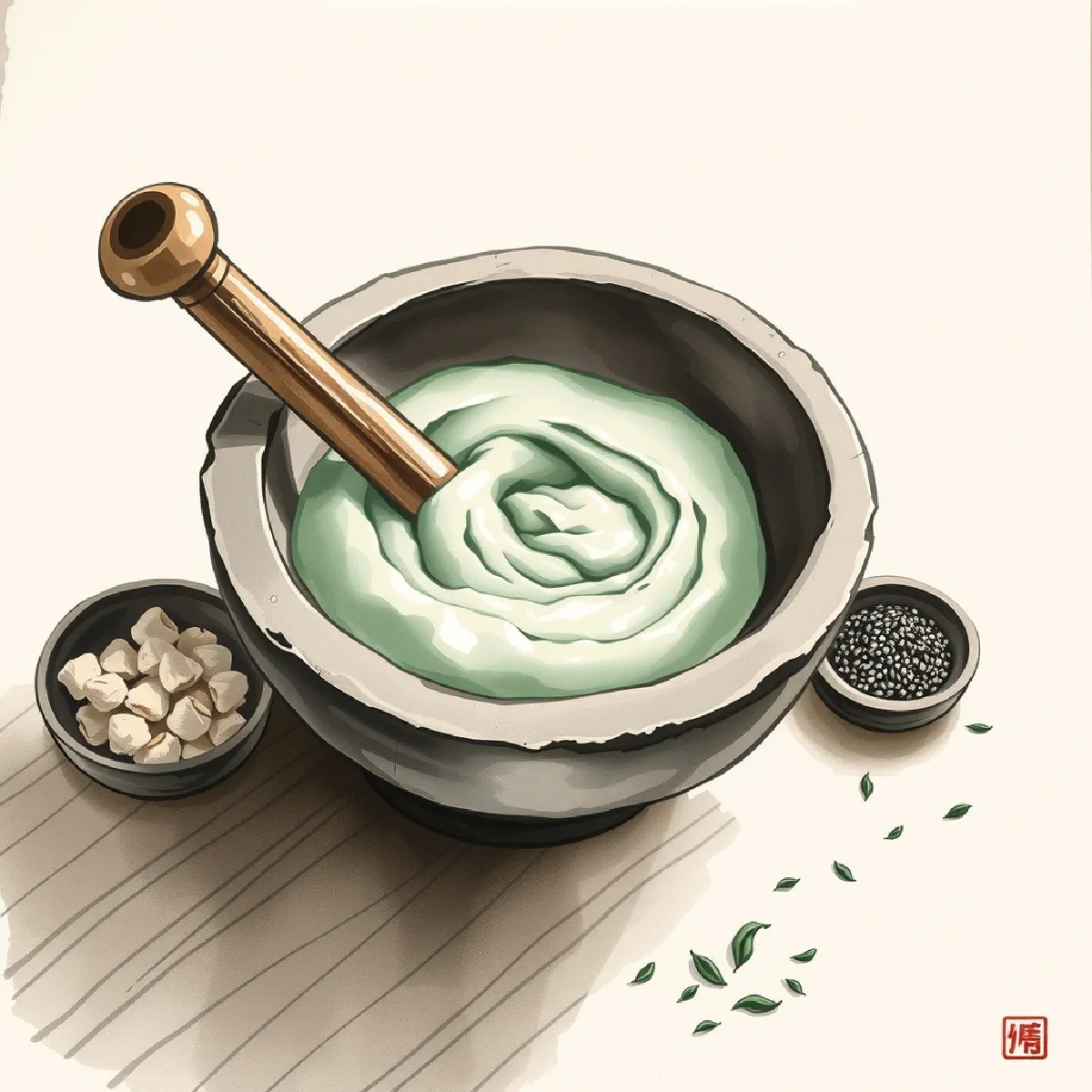 Ink wash painting of a rough clay mortar with a wooden pestle, green tea paste inside, beside a bowl of puffed rice and small dishes of peanuts and sesame seeds