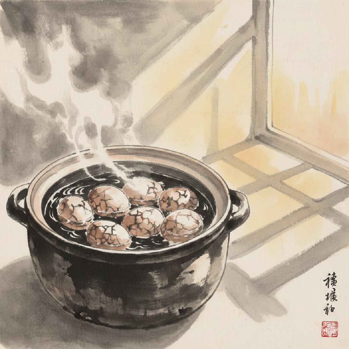 Tea eggs displayed in a traditional street vendor setup, showing the marbled pattern on cracked eggshells simmering in dark tea broth