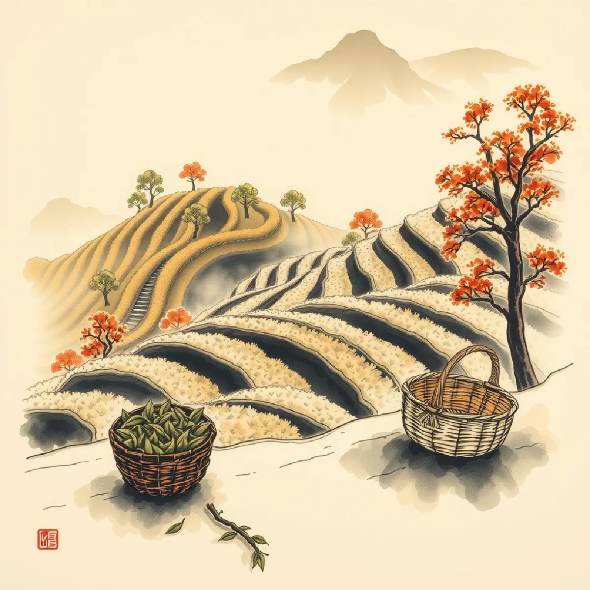 Terraced tea garden in autumn light with a picker's basket, soft Chinese ink wash illustration