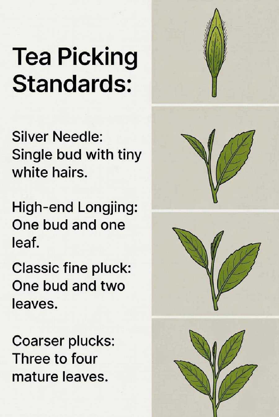 Tea picking standards diagram showing: single bud (silver needle), one bud and one leaf, one bud and two leaves, and coarser plucks with three to four mature leaves.