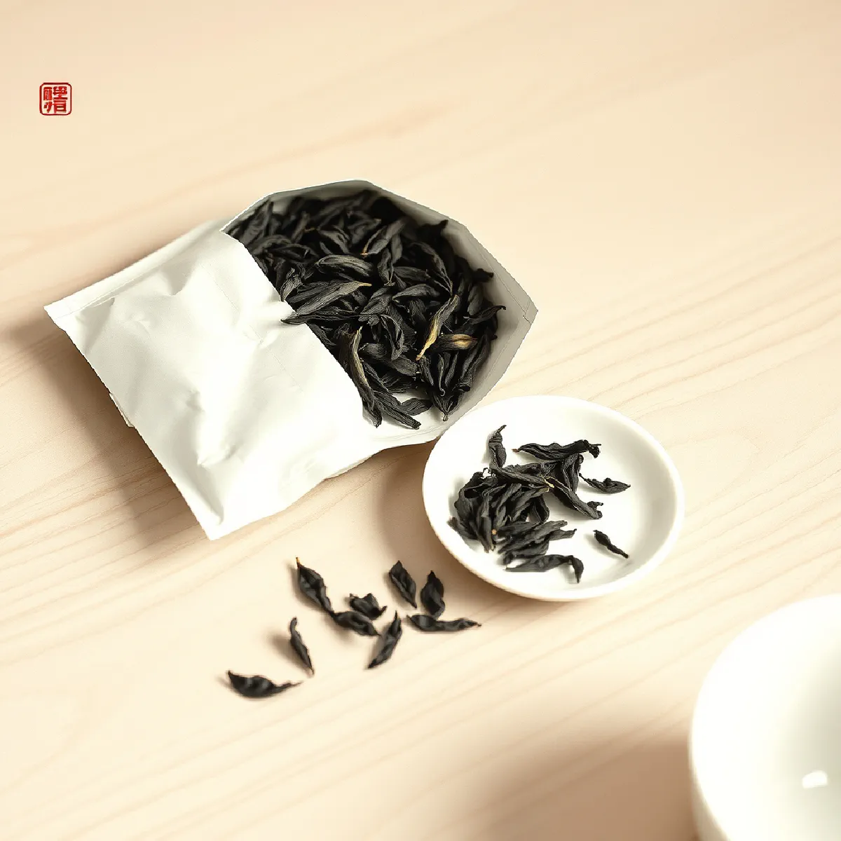 An open foil packet of curled dark loose tea leaves on a pale wooden table, some leaves in a small white porcelain dish and a few scattered on the wood